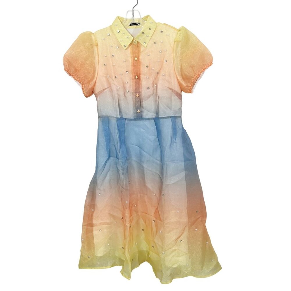 NEW MOTF Orange Blue & Yellow Ombre Pearl Rhinestone Fit &‎ Flare Dress LARGE